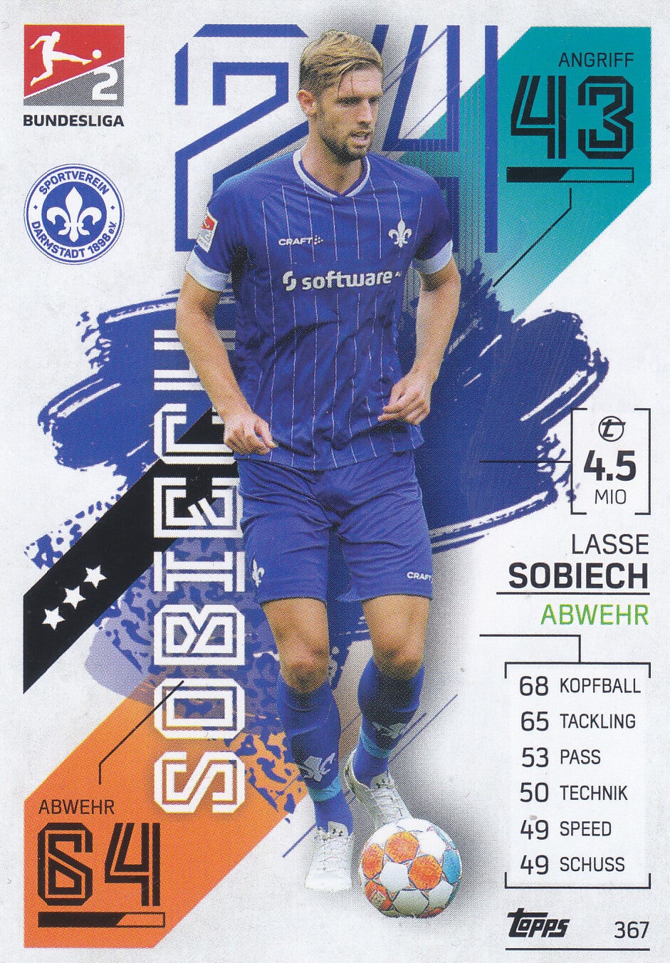 Lasse Sobiech SV Darmstadt 98 Topps Match Attax 2021 Basis Karte 2.Bundesliga Nr.367