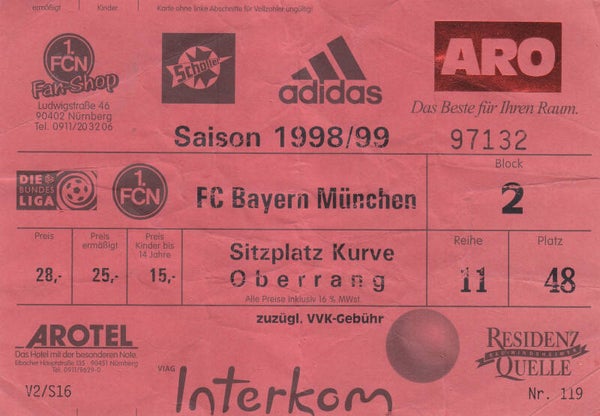 Altes Ticket 1.FCN - Bayern München 1998/1999