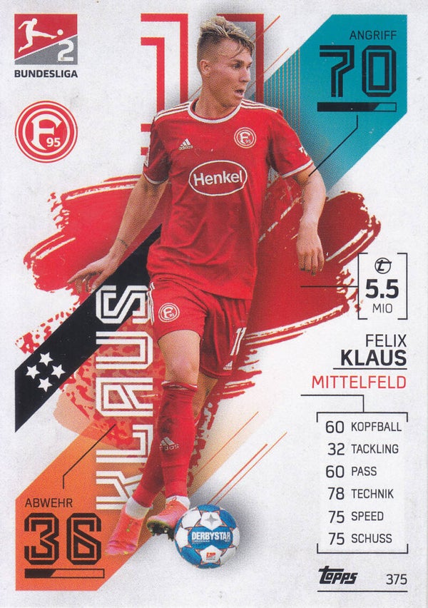 Felix Klaus / Fortuna Düsseldorf / Topps Match Attax 2021 / Basis Karte 2.Bundesliga / Nr. 375