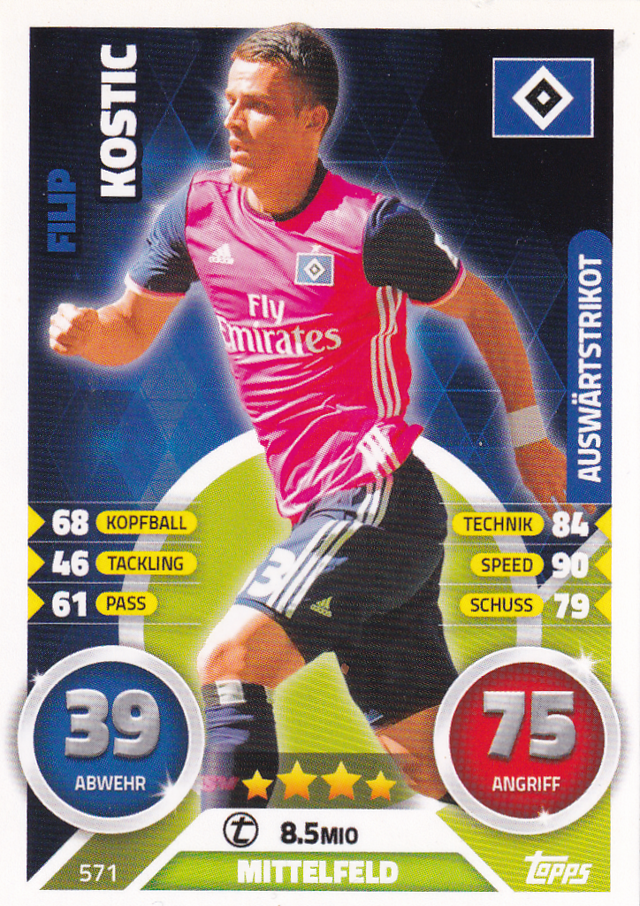 Filip Kostic - Hamburger SV - Topps Match Attax 2016 - Auswärtstrikot - Nr. 571
