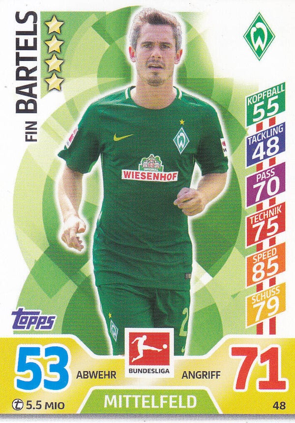Fin Bartels / SV Werder Bremen / Topps Match Attax 2017 / Basis Karte / Nr. 48