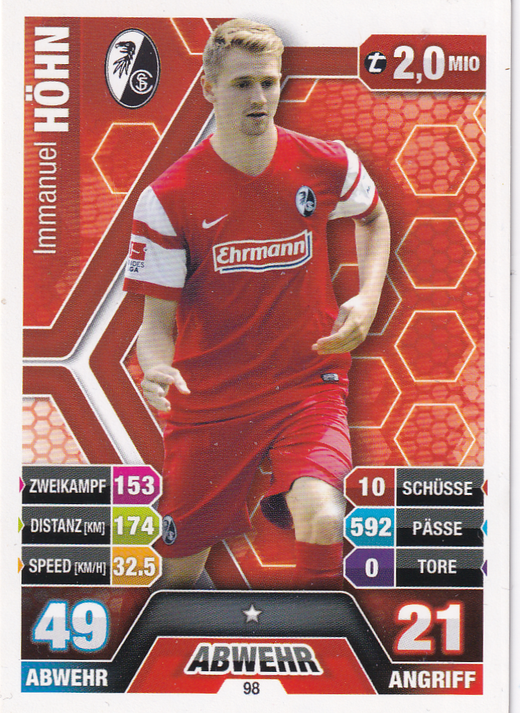 Immanuel Höhn - SC Freiburg - Topps Match Attax 2014 - Basis Karte - Nr. 98