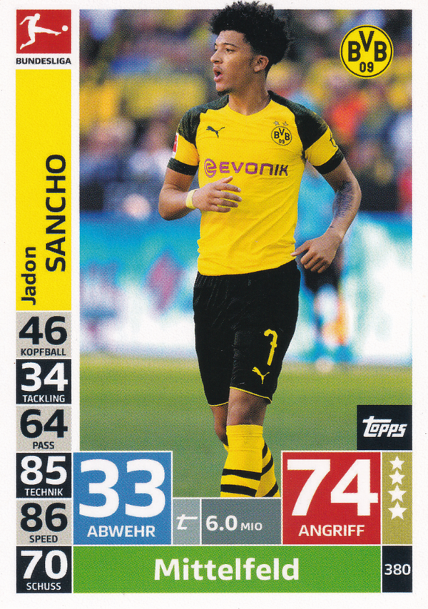 Jadon Sancho - Borussia Dortmund - Topps Match Attax 2018 - Basis Karte - Nr. 380