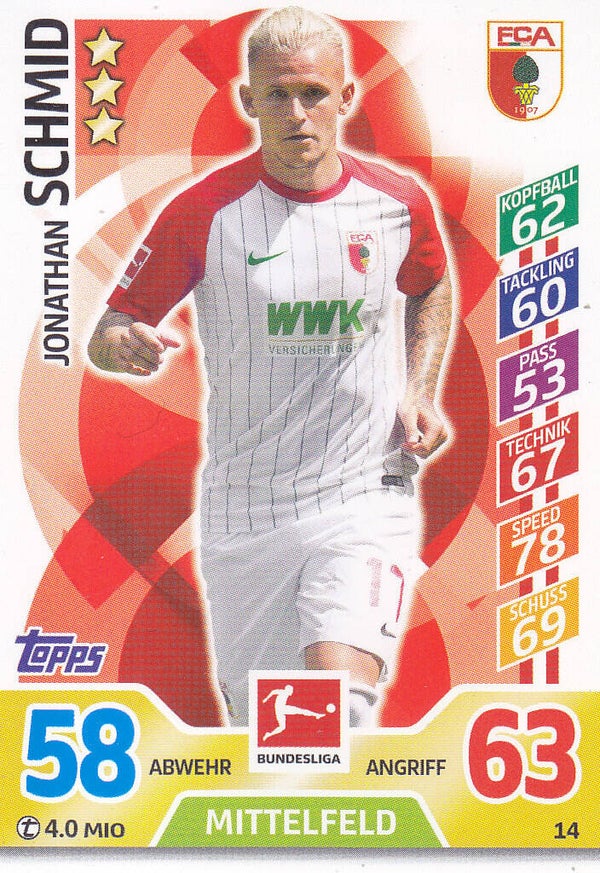Jonathan Schmid / FC Augsburg / Topps Match Attax 2017 / Basis Karte / Nr. 14