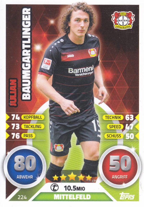 Julian Baumgartlinger / Bayer 04 Leverkusen / Topps Match Attax 2016 / Basis Karte / Nr. 224