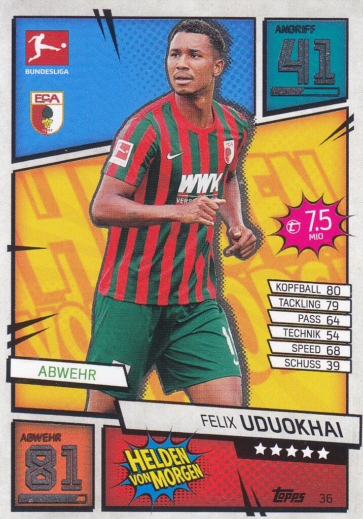 Felix Uduokhai / FC Augsburg / Topps Match Attax 2021 / Helden von Morgen / Nr.36