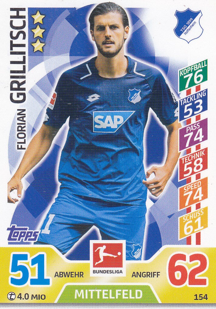 Florian Grillitsch - TSG Hoffenheim - Topps Match Attax 2017 - Basis Karte - Nr. 154