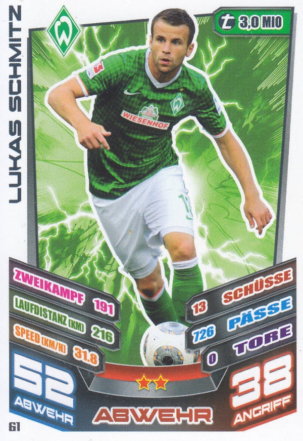 Lukas Schmitz / SV Werder Bremen / Topps Match Attax 2013 / Basis Karte / Nr. 61