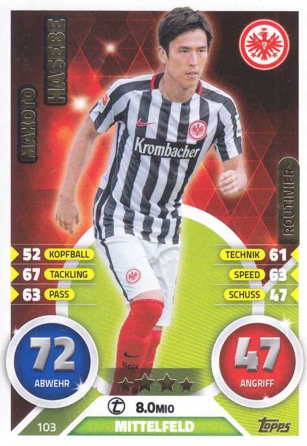 Makoto Hasebe - Eintracht Frankfurt - Topps Match Attax 2016 - Routinier - Nr. 103