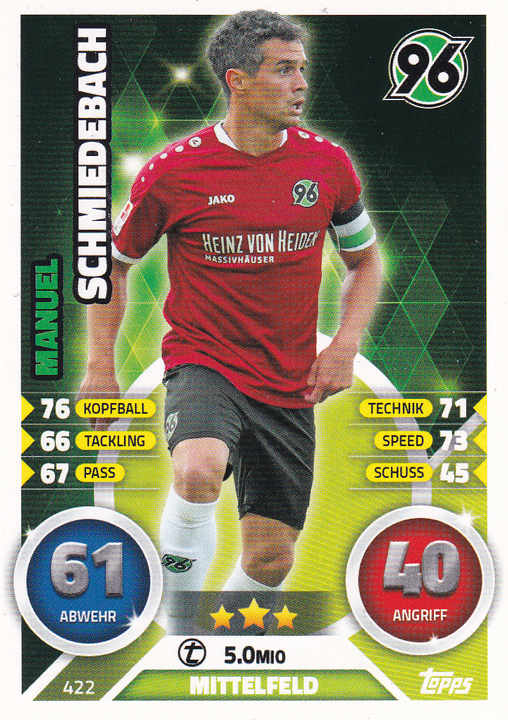 Manuel Schmiedebach - Hannover 96 - Topps Match Attax 2016 - Basis Karte - Nr. 422