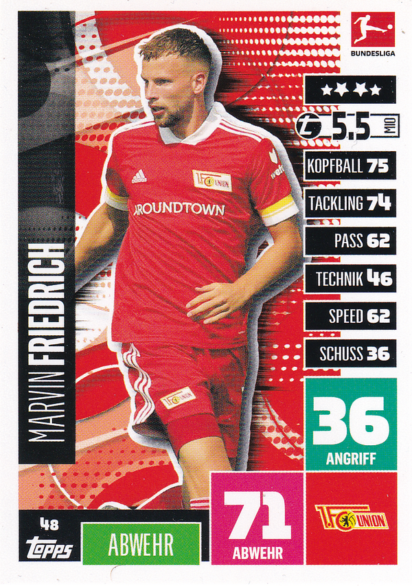 Marvin Friedrich - 1.FC Union Berlin - Topps Match Attax 2020 - Basis Karte - Nr. 48