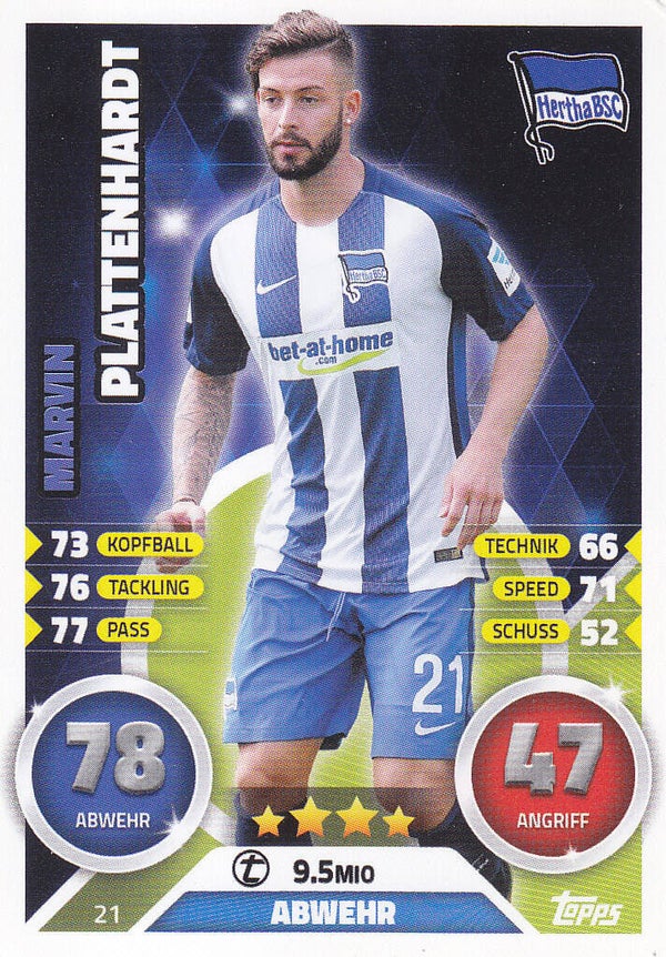 Marvin Plattenhardt / Hertha BSC Berlin / Topps Match Attax 2016 / Basis Bild / Nr. 21