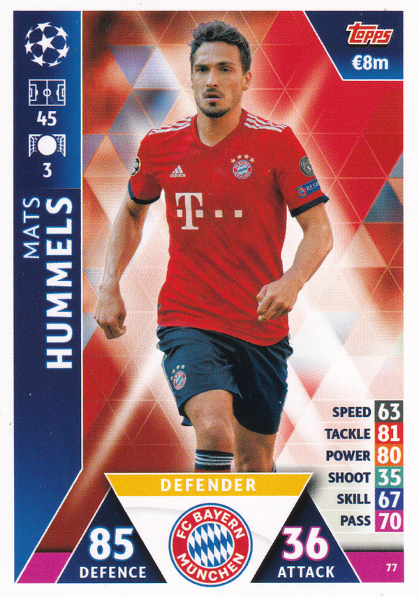 Mats Hummels - FC Bayern München - Topps Champions League 2018 - Basis Karte - Nr. 77