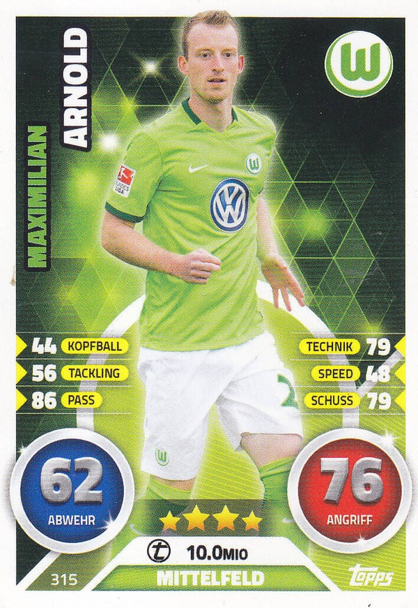 Maximilian Arnold - VFL Wolfsburg - Topps Match Attax 2016 - Basis Karte - Nr. 315
