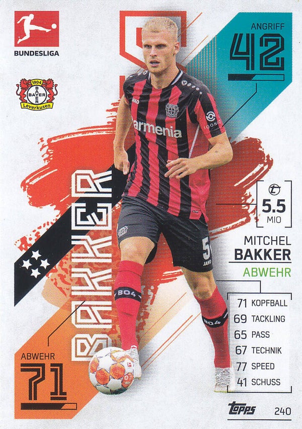 Mitchel Bakker / Bayer 04 Leverkusen / Topps Match Attax 2021 / Basis Karte / Nr.240