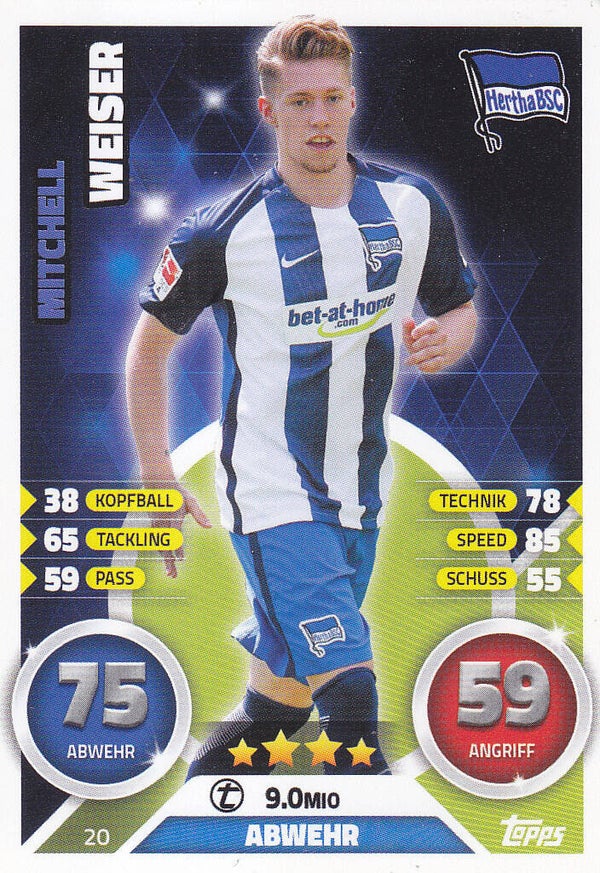 Mitchell Weiser / Hertha BSC Berlin / Topps Match Attax 2016 / Basis Bild / Nr. 20