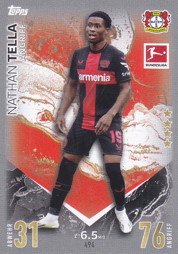 Nathan Tella / Bayer 04 Leverkusen / Topps Match Attax Extra 2023 / Basis Karte / Nr.494