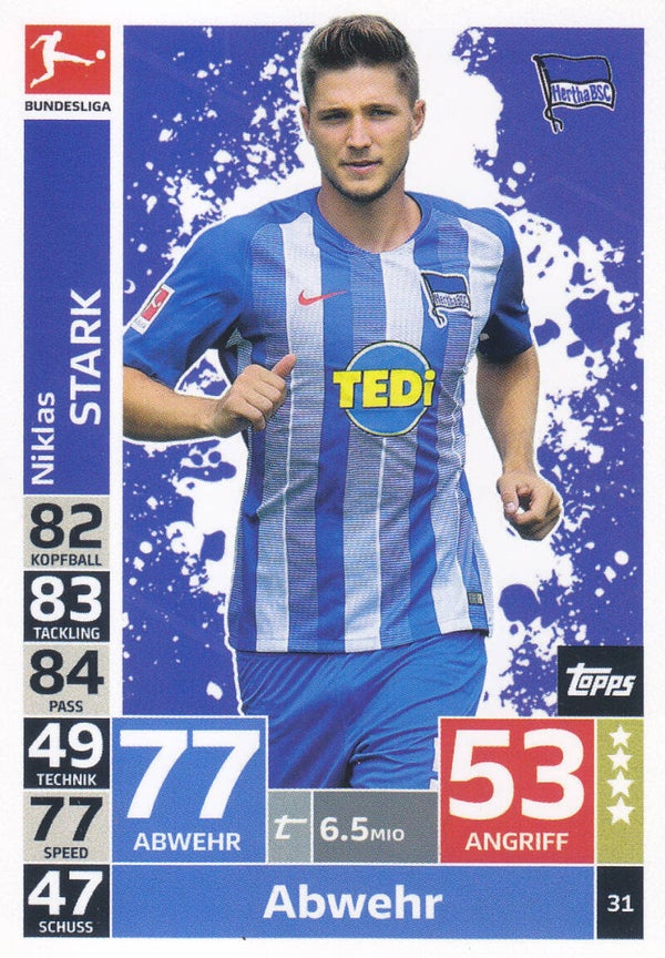 Niklas Stark / Hertha BSC Berlin / Topps Match Attax 2018 / Basis Karte / Nr. 31