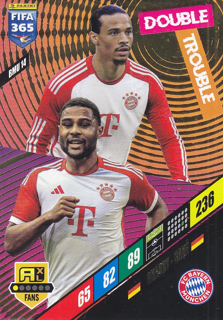 Serge Gnabry & Leroy Sane FC Bayern München Panini Fifa 365 Jahr 2024 Double Trouble Icon Fans Karten Nr. BMU 14