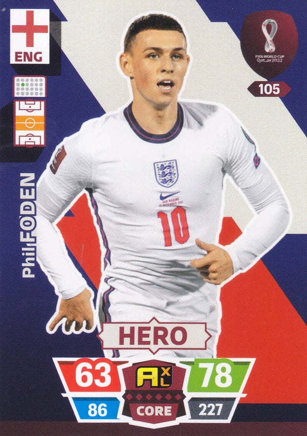 Phil Foden / England / Panini WM 2022 / Basis Karte / Hero / Nr.105