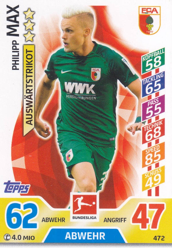 Philipp Max / FC Augsburg / Topps Match Attax 2017 / Auswärtstrikot / Nr. 472