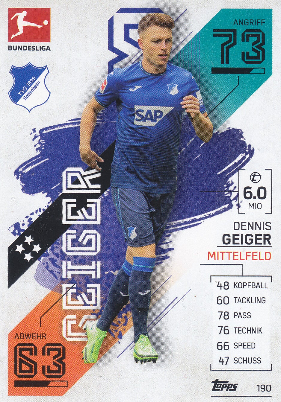 Dennis Geiger / TSG Hoffenheim / Topps Match Attax 2021 / Basis Karte / Nr. 190