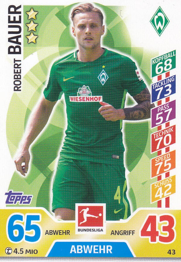 Robert Bauer / SV Werder Bremen / Topps Match Attax 2017 / Basis Karte / Nr. 43