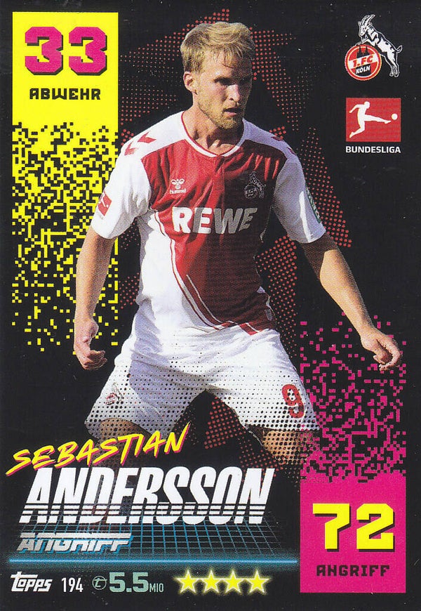 Sebastian Andersson 1.FC Köln Basis Karte Nr.194