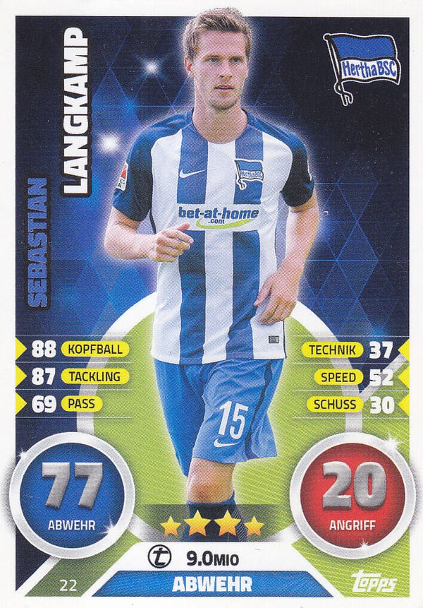 Sebastian Langkamp / Hertha BSC Berlin / Topps Match Attax 2016 / Basis Karte / Nr. 22
