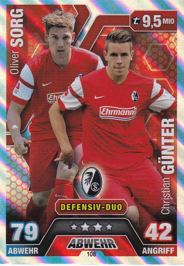 Oliver Sorg & Christian Günter / SC Freiburg / Topps Match Attax 2014 / Defensiv-Duo / Nr. 108