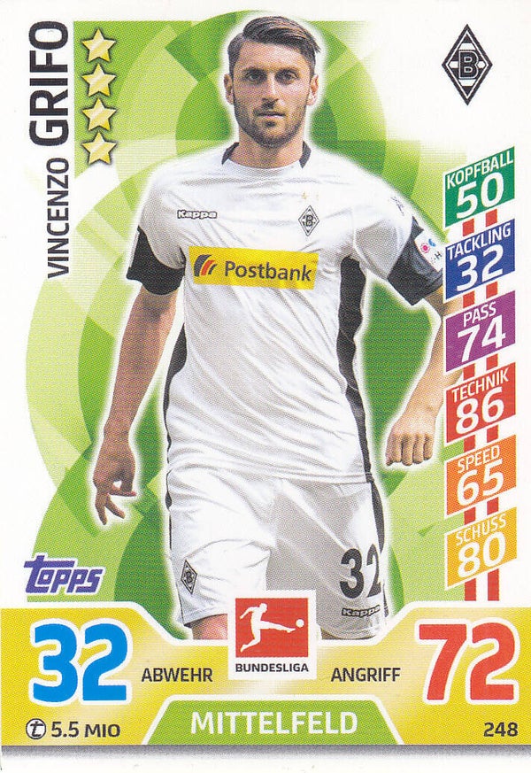 Vincenzo Grifo / Borussia Mönchengladbach / Topps Match Attax 2017 / Basis Karte / Nr. 248