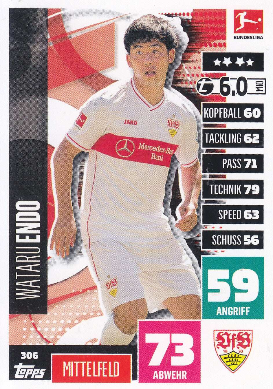 Wataru Endo / VFB Stuttgart / Topps Match Attax 2020 / Basis Karte / Nr. 306