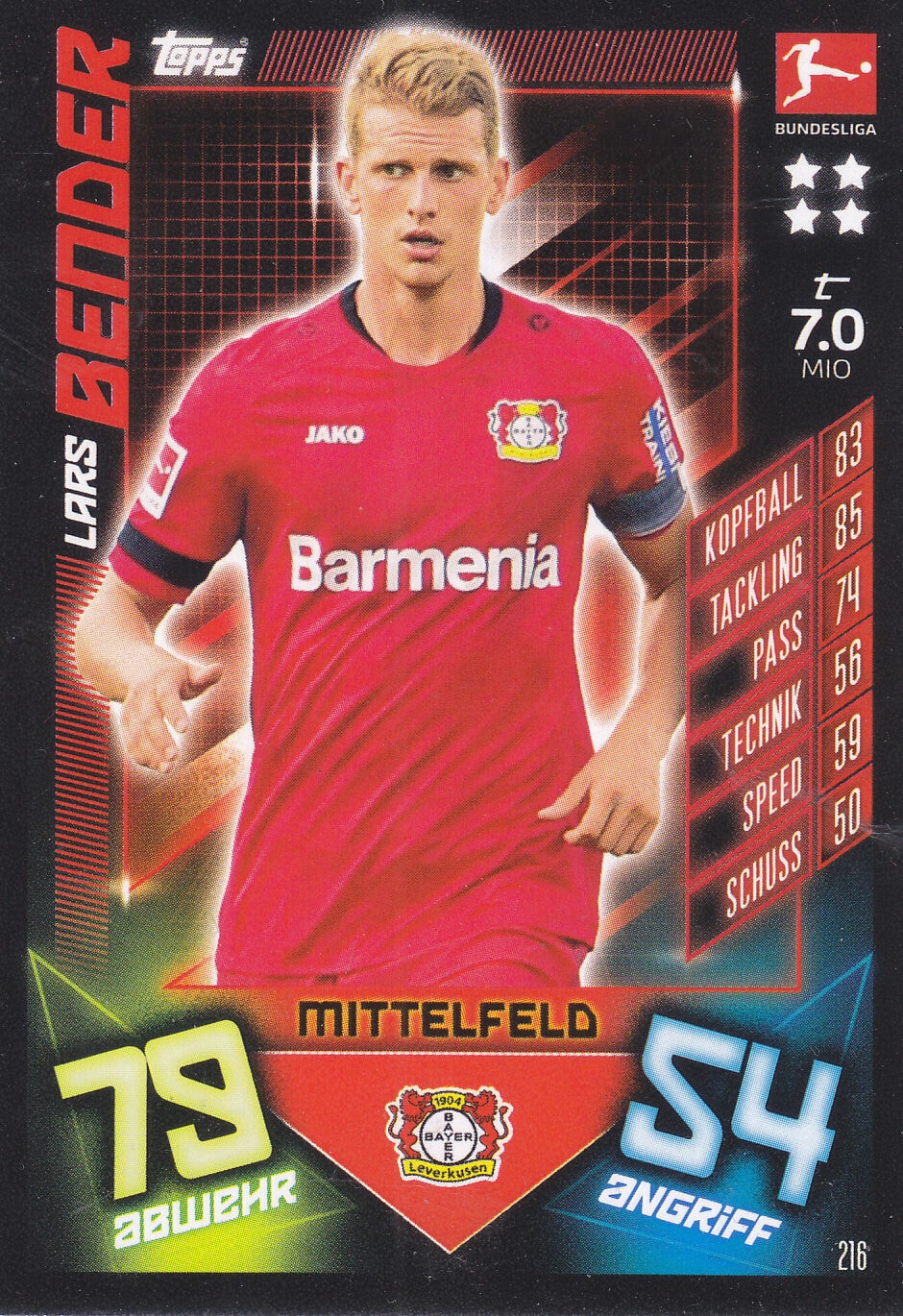 Lars Bender - Bayer Leverkusen - Topps Match Attax 2019 - Basis Karte - Nr. 216