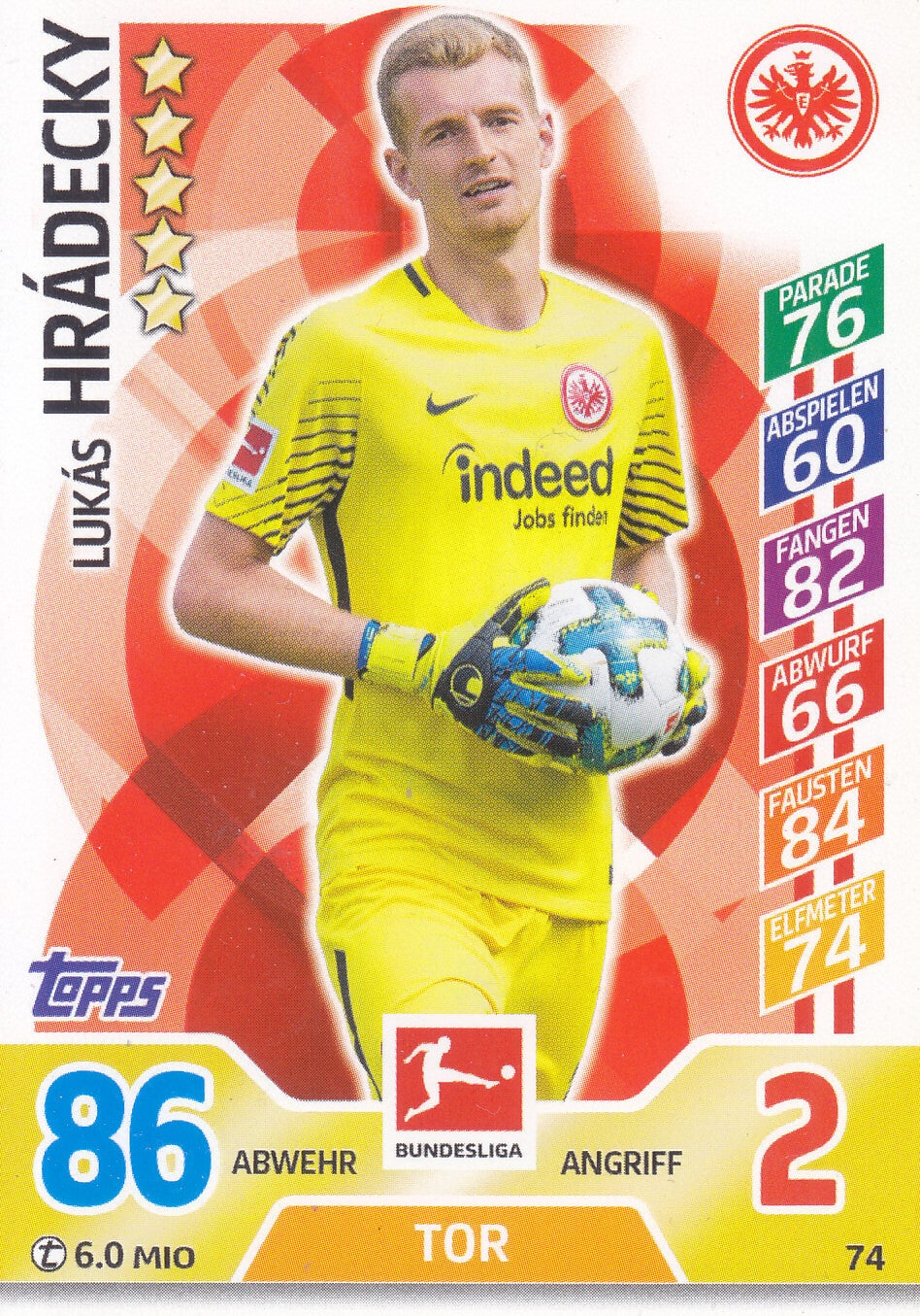 Lukas Hradecky - Eintracht Frankfurt - Topps Match Attax 2017 - Basis Karte - Nr. 74