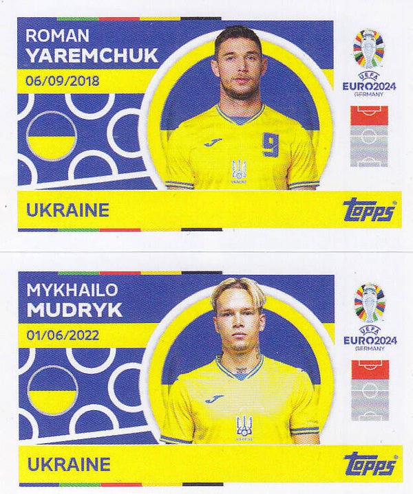 Roman Yaremchuk & Mykhailo Mudryk / Ukraine / Topps EM 2024 / Basis Doppelbild / Nr. UKR 14 UKR 15