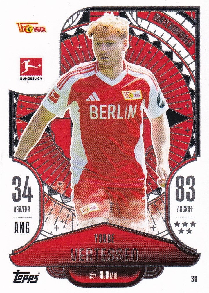 Yorbe Vertessen / 1.FC Union Berlin / Topps Match Attax 2024 / Matchwinner / Nr. 36