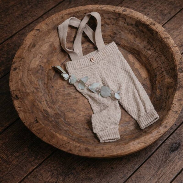 Beige Knit Pants with Suspenders – Newborn Photography Prop