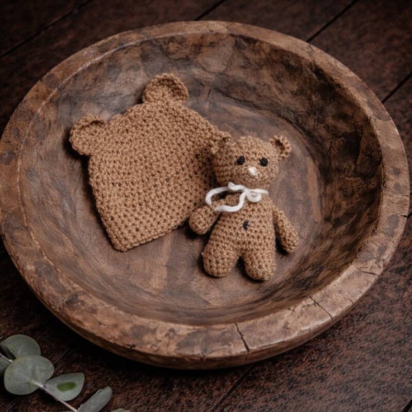 Hand Crocheted Newborn Bear Set – Hat & Teddy