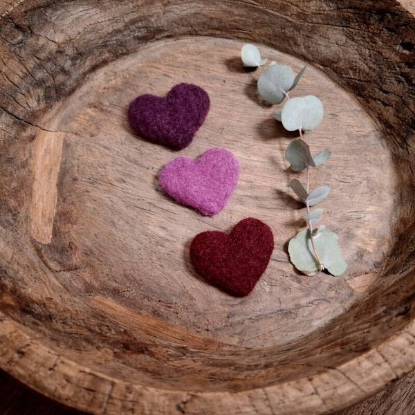 Felted Mini Hearts Set – Newborn Photography Prop | Aubergine, Raspberry & Bordeaux