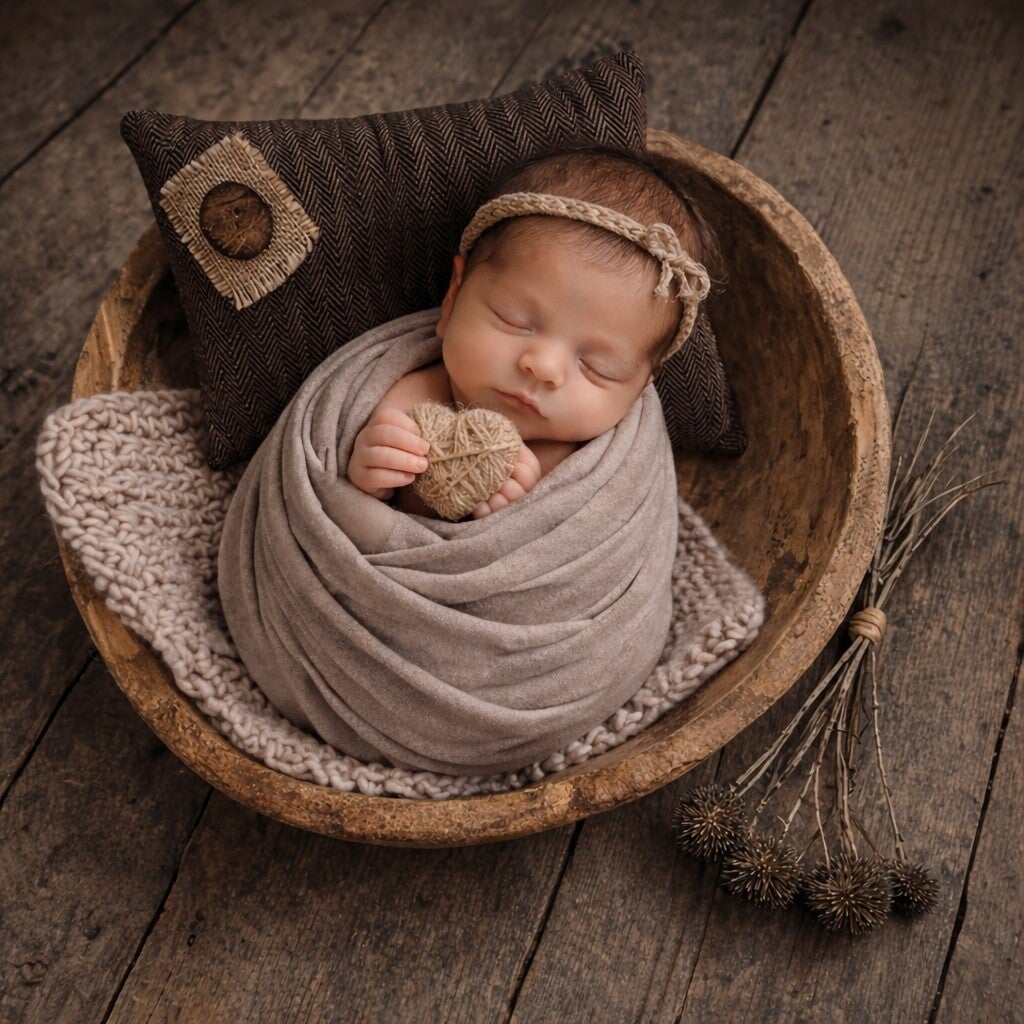 Rustic Newborn Prop Set – Pillow, Wrap, Crochet Blanket & Heart