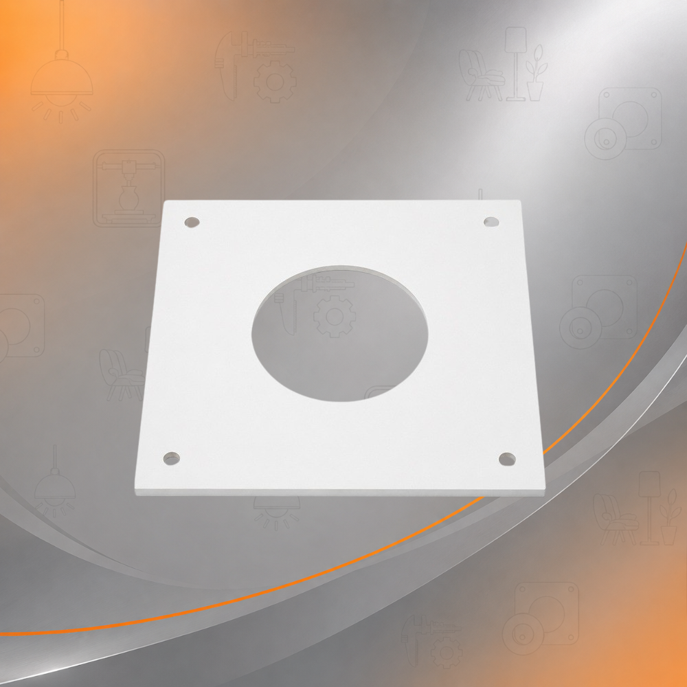 Kunststof ventilatie-afdekplaat op maat – 200 × 200 mm – rond gat en 4 montagegaten
