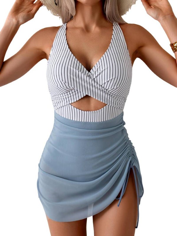 Women Mesh One Piece Swimdress Swimsuit Tummy Control V Neck Cutout Bathing Suit Wrap Drawstring Sarong Swimwear