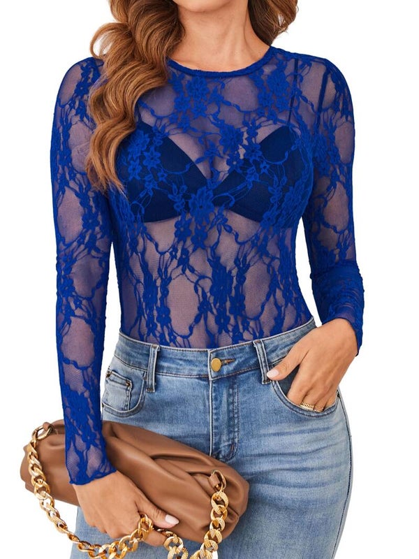 Lace Long Sleeve Tops for Women Sexy Crewneck Shirts Elegant Floral Mesh Tops Royal Blue