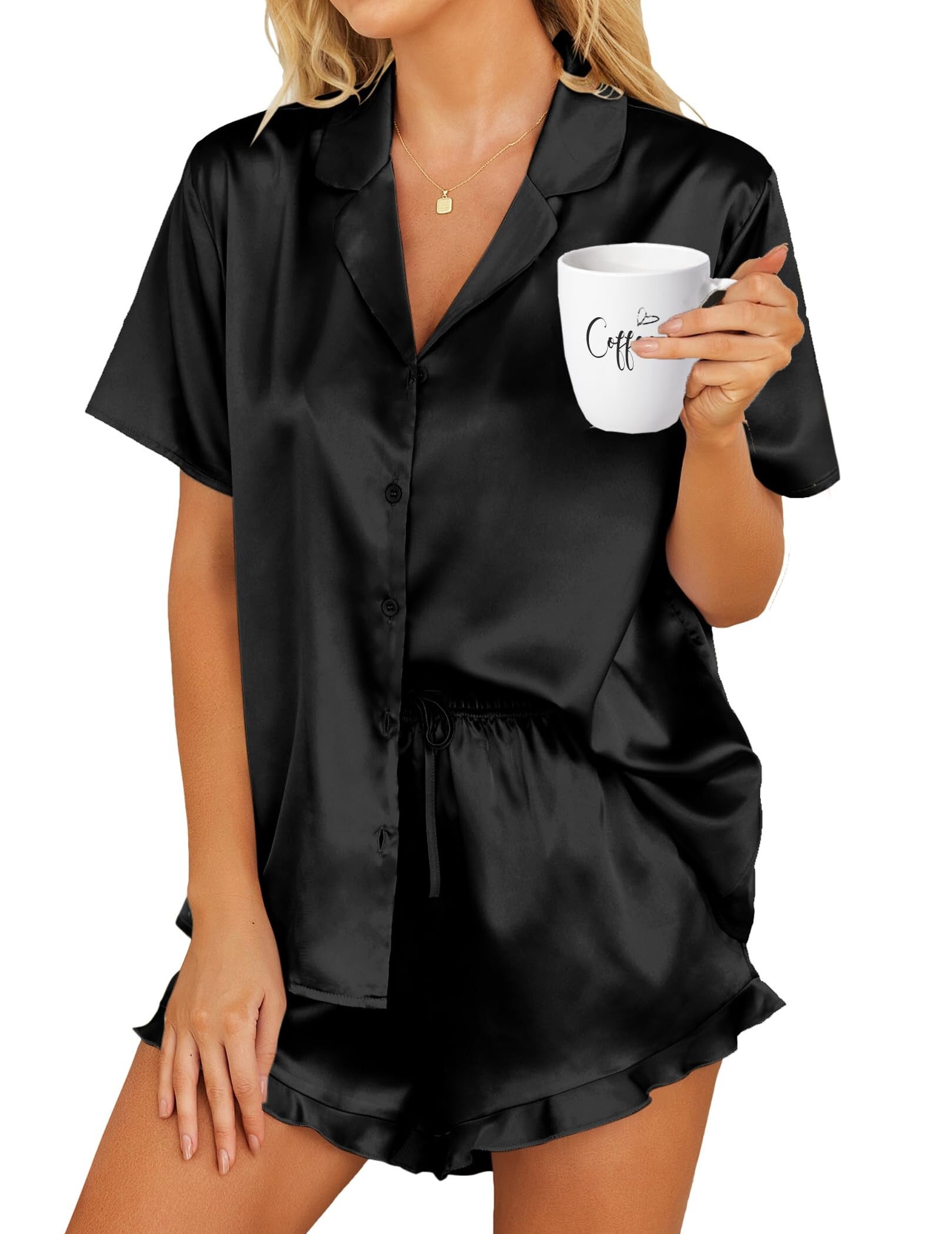 Womens Silk Satin Pajamas Set Button Down Short Sleeve Sleepwear Set 2 Piece Ruffled Pjs Black,
