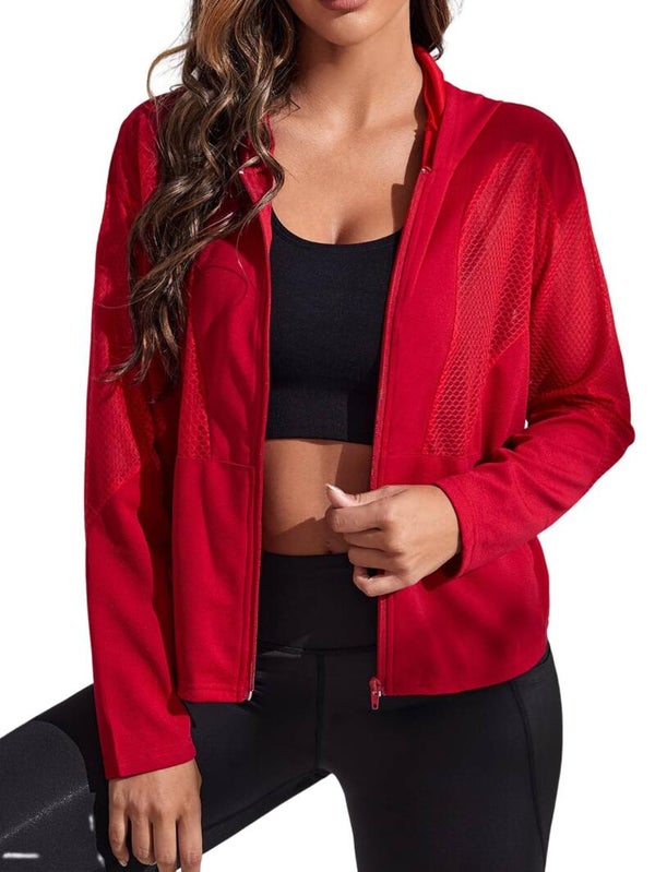 Women's Zip Up Athletic Hoodies Mesh Drop Shoulder Lightweight Workout Track Jacket Burgundy