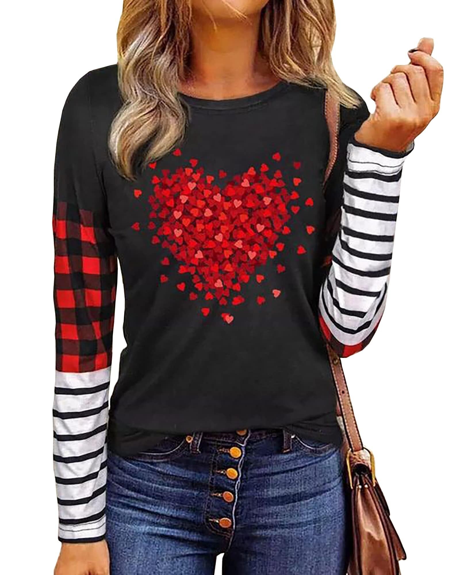 Women Buffalo Plaid Love Heart Graphic Tees Letter Print Long Sleeve