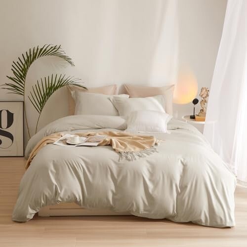 AMWAN Queen Size Soft Microfiber Duvet Cover Set - Beige Tan Comforter & 2 Pillowcases with Zipper Closure