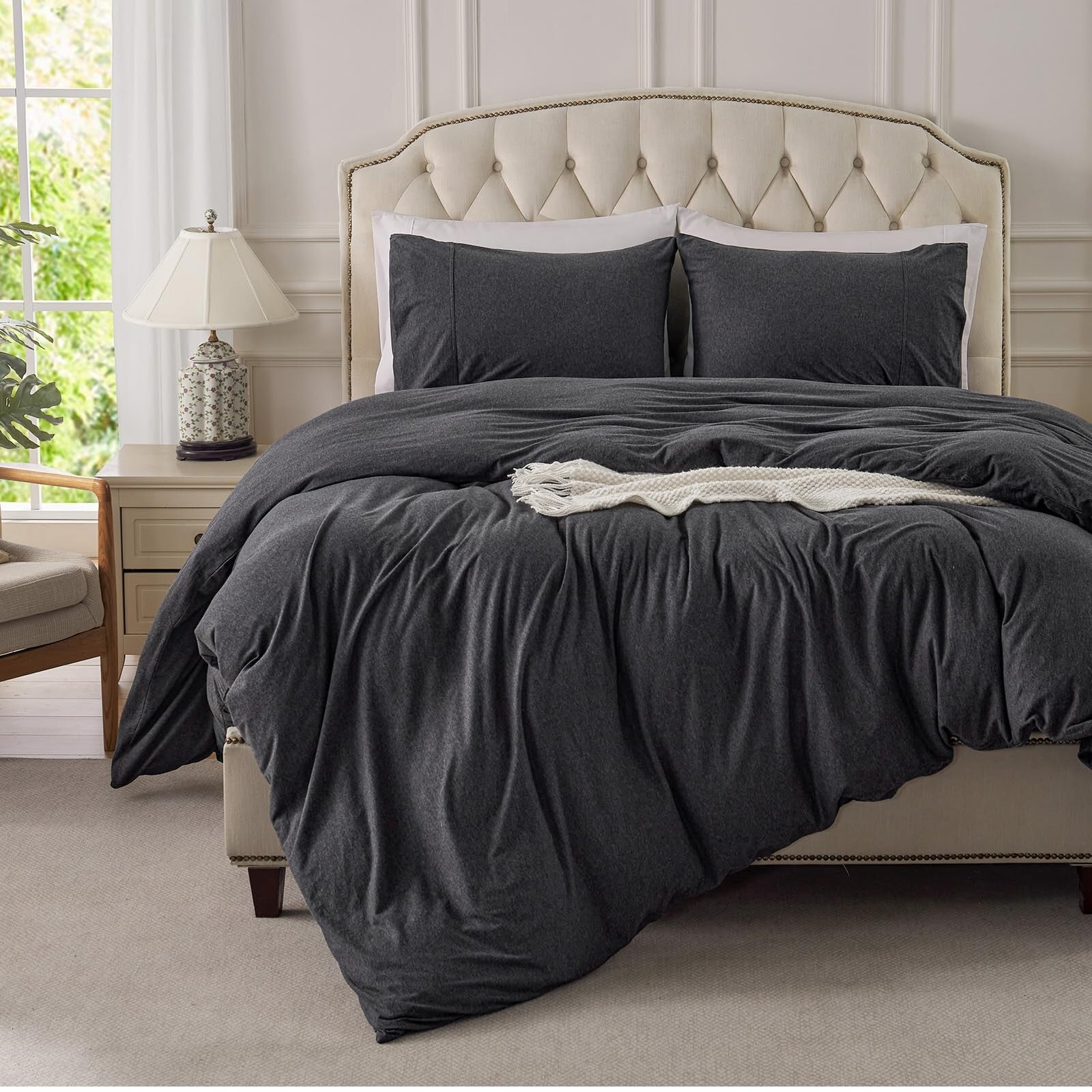 Jersey Knit Duvet Cover Set 100% T-Shirt Cotton Super Soft Comfy 2pc Bedding Set with Zipper Closure (Heather Charcoal Grey, Twin)