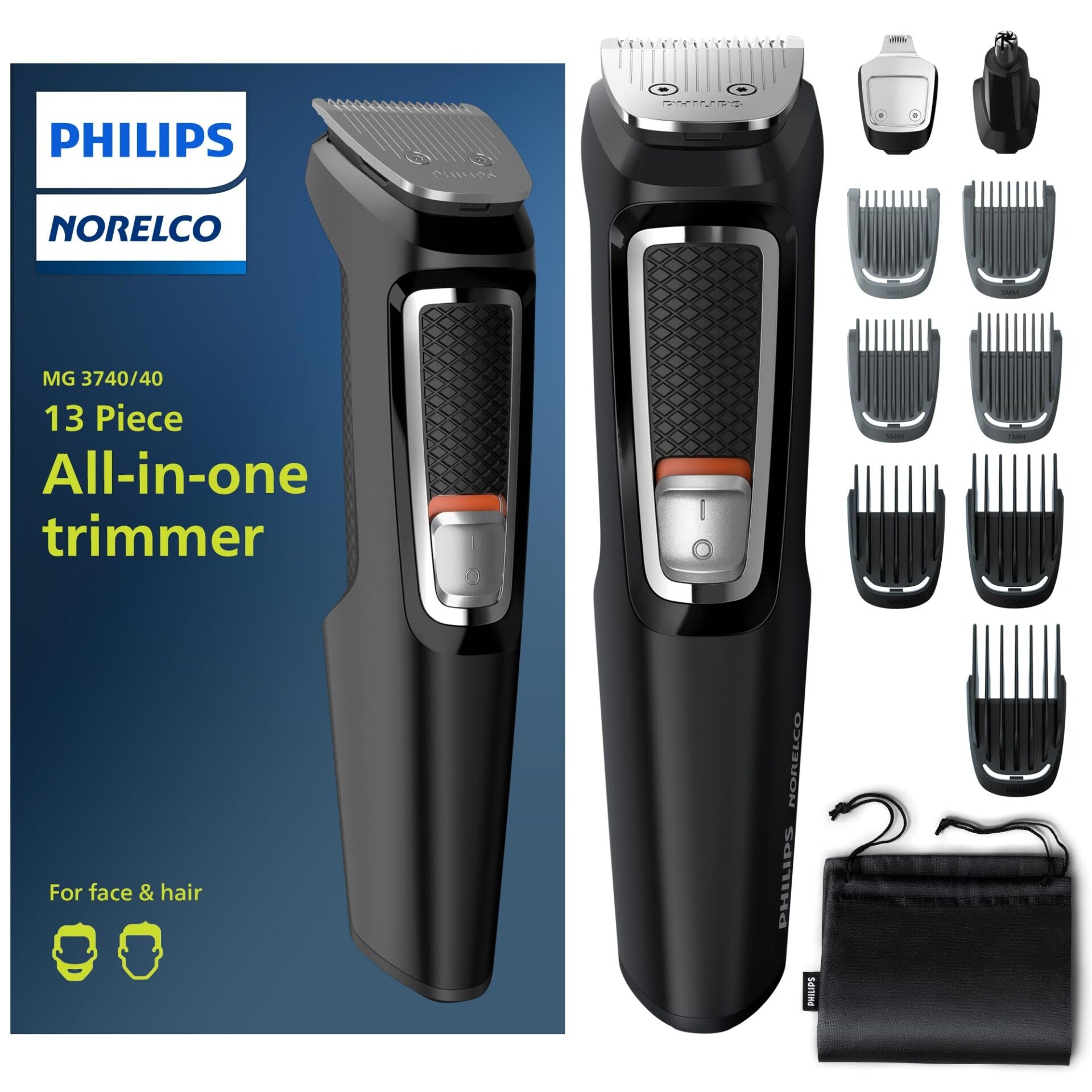 Philips Multi Groomer All-in-One Trimmer Series 3000-13 Piece Mens Grooming Kit for Beard, Face, Nose, Ear Hair Trimmer and Hair Clipper - NO Blade Oil Needed