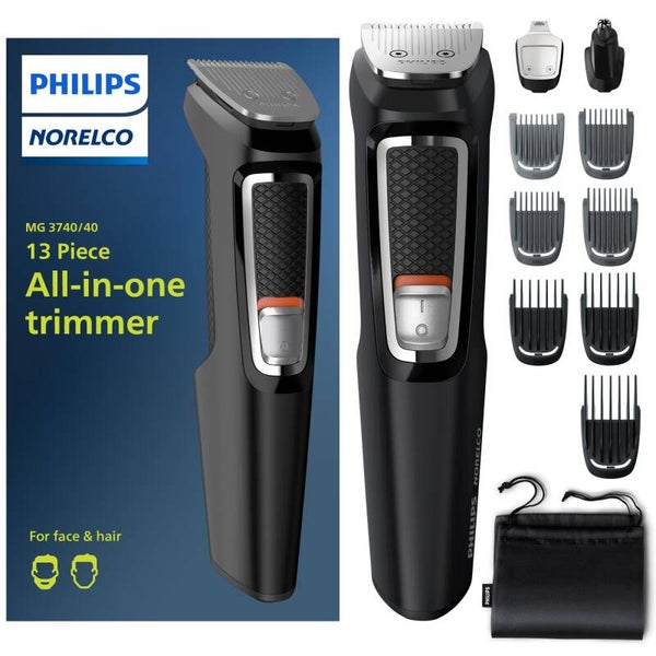 Philips Multi Groomer All-in-One Trimmer Series 3000-13 Piece Mens Grooming Kit for Beard, Face, Nose, Ear Hair Trimmer and Hair Clipper - NO Blade Oil Needed
